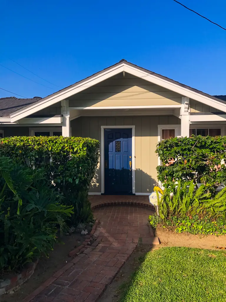 After front door exterior painting San Gabriel blue door beige siding white trim professional painters
