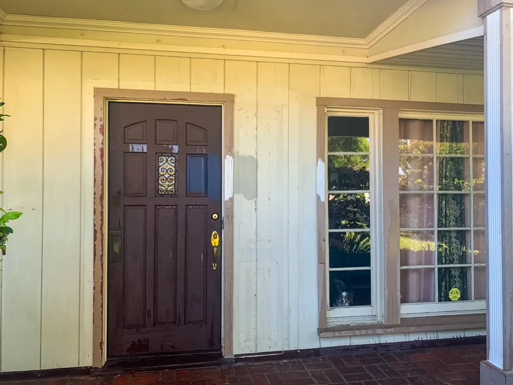 Before front door trim painting San Gabriel weathered wood siding porch exterior painting contractors