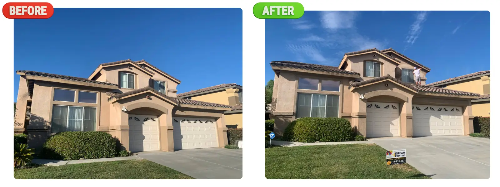 Before and after exterior painting comparison showing dramatic transformation of two-story stucco home in Riverside CA with fresh paint on walls, trim, and garage doors by Dream Painting contractors