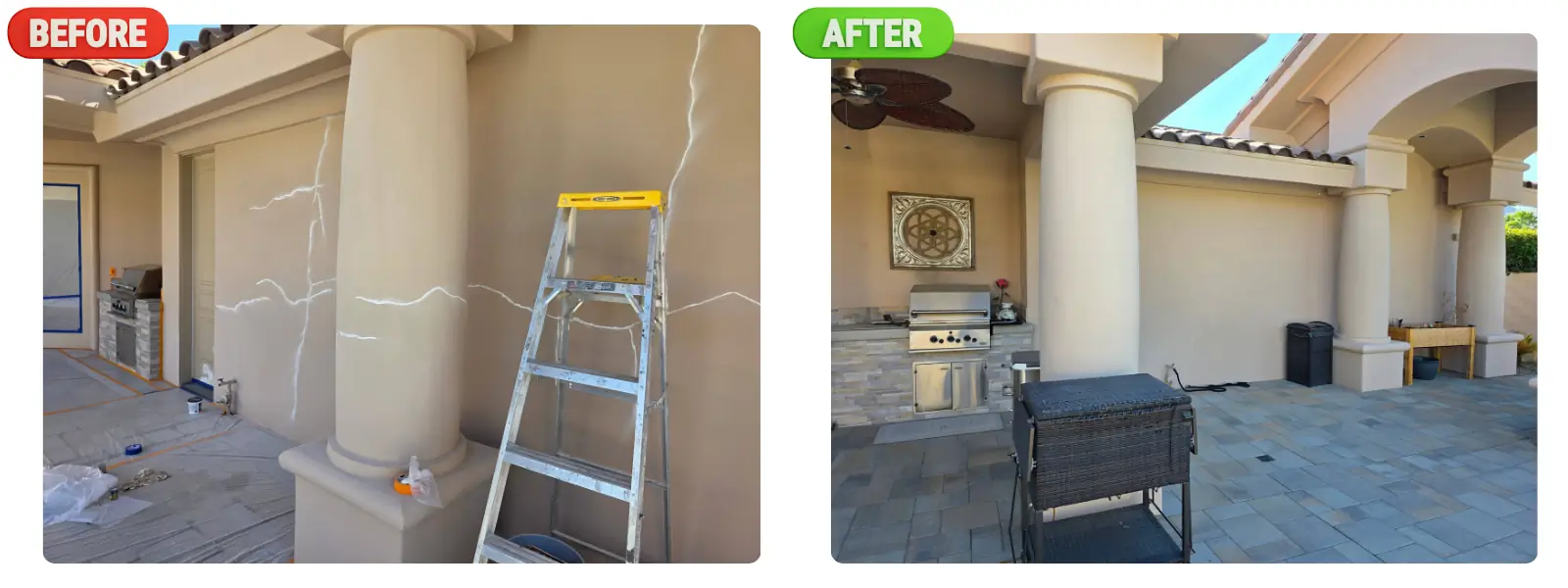 Before and after exterior painting transformation at a residential property in Indian Wells, CA 92210, showing repaired stucco cracks, refreshed columns, and a clean modern finish.